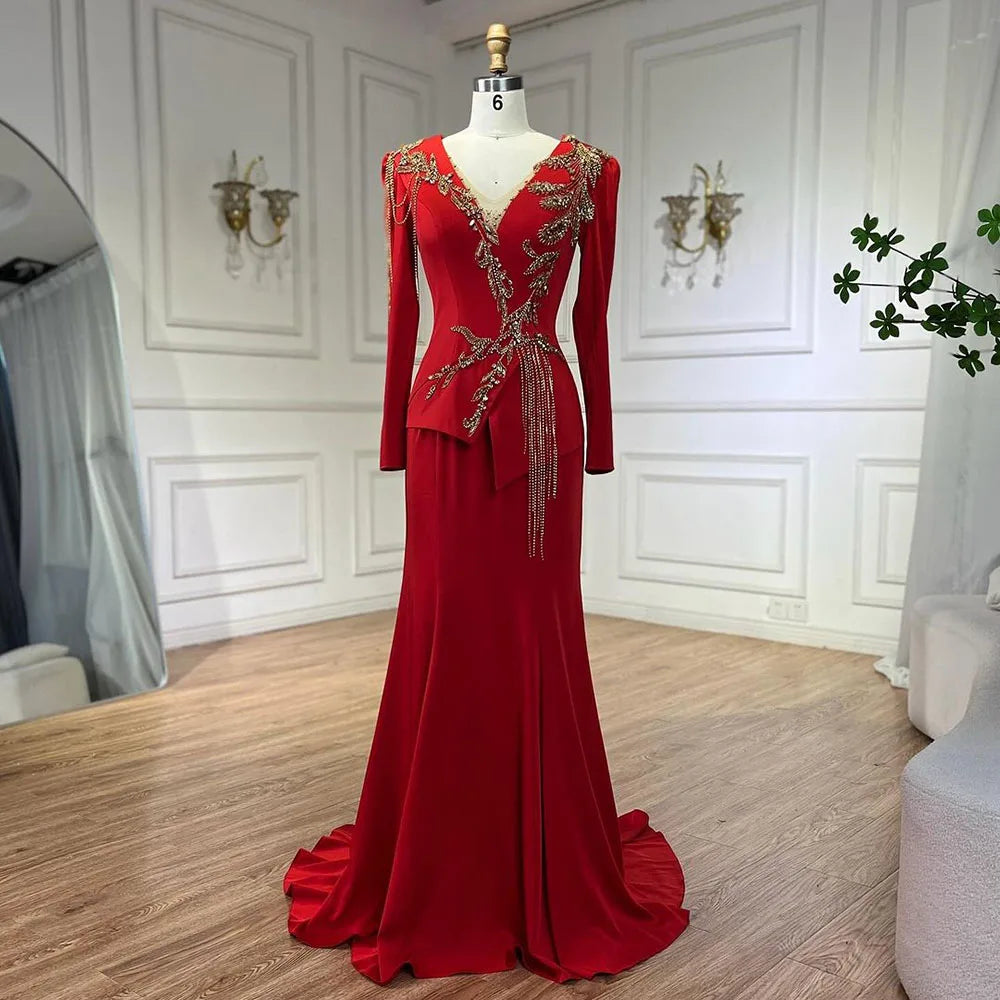 Sale Event Serene Hill-Arabic Red Mermaid Dresses for Women, Elegant Tassel, Beaded, Luxury, Dubai Evening Gowns, Wedding Party, LA72558,