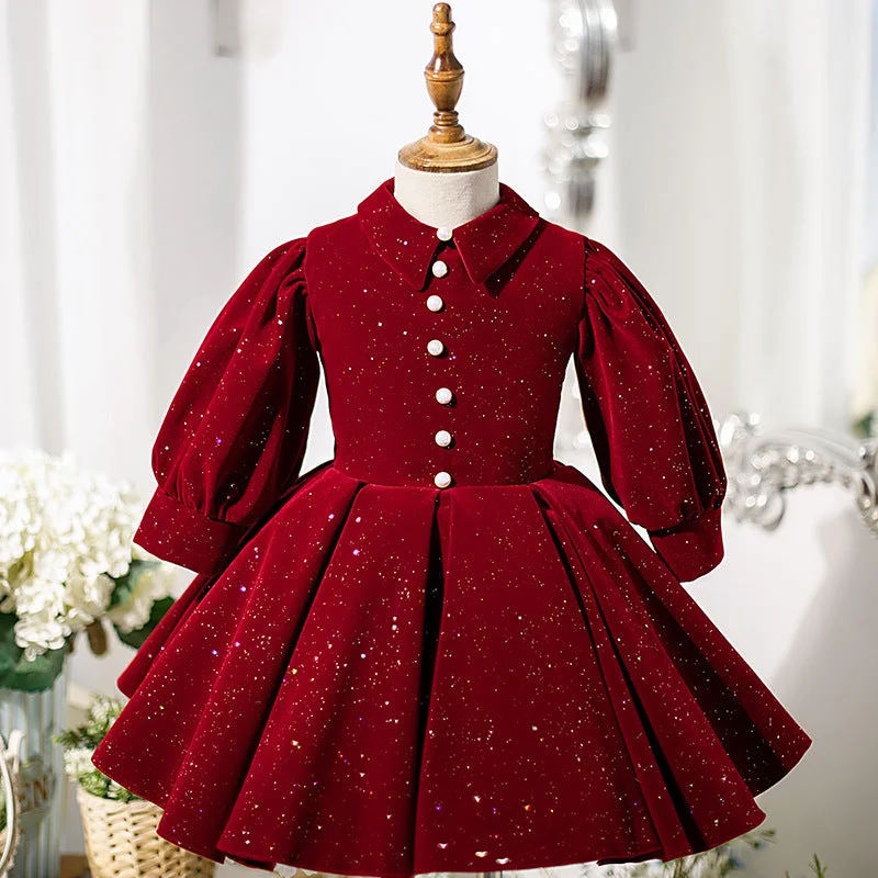 Overstock Baby Girl Dress Toddler Easter Birthday Party Dress Winter Red Long Sleeve Square Neck Sequined Princess Dress