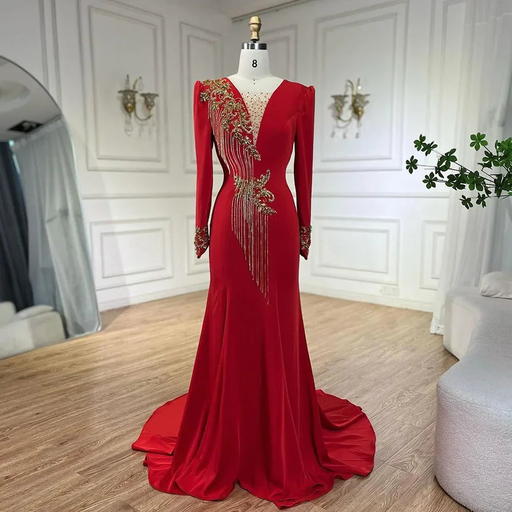 Reduced Prices Serene Hill Arabic Red Mermaid Elegant Tassel Beaded Luxury Dubai Evening Dresses Gowns 2024 For Women Wedding Party LA72494