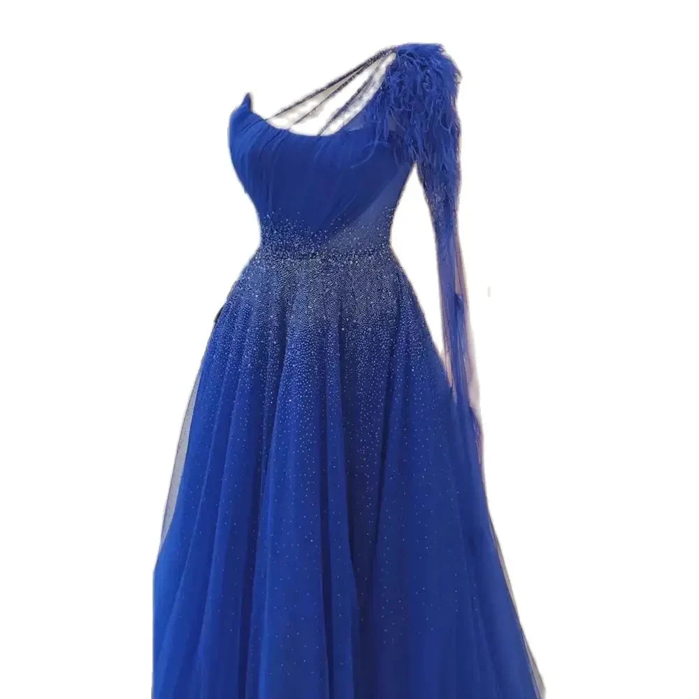 The Best Prices Serene Hill Blue A Line Elegant One Shoulder Evening Dresses Gowns Luxury Feathers Beaded For Women Wedding Party 2024 LA72257