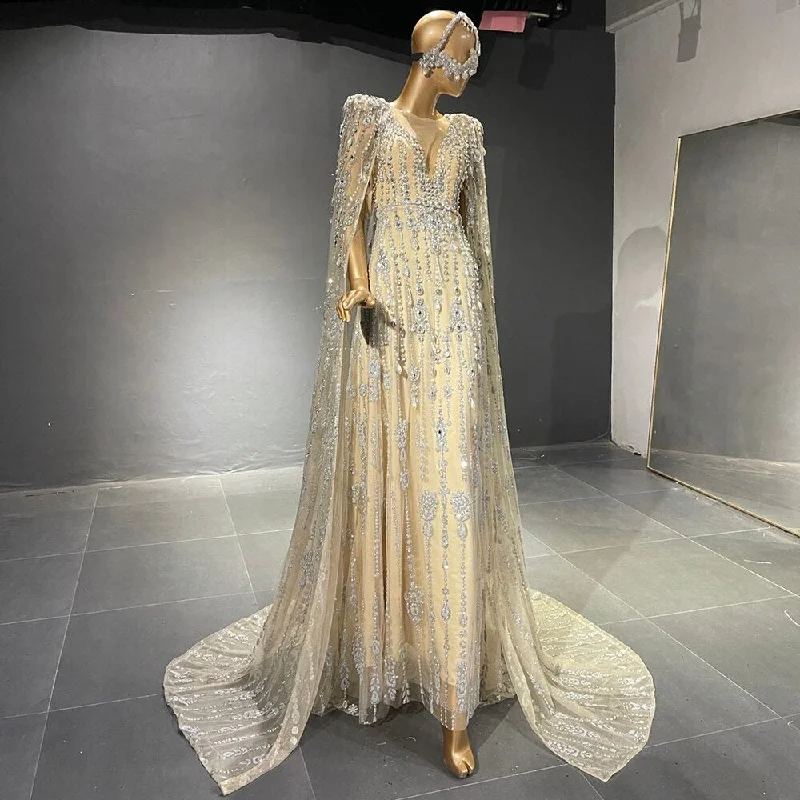 Special Savings Gold Luxury Cape Sleeve Evening Dresses Gowns 2022 Beaded A-Line High-end For Women Party Serene Hill LA71463A