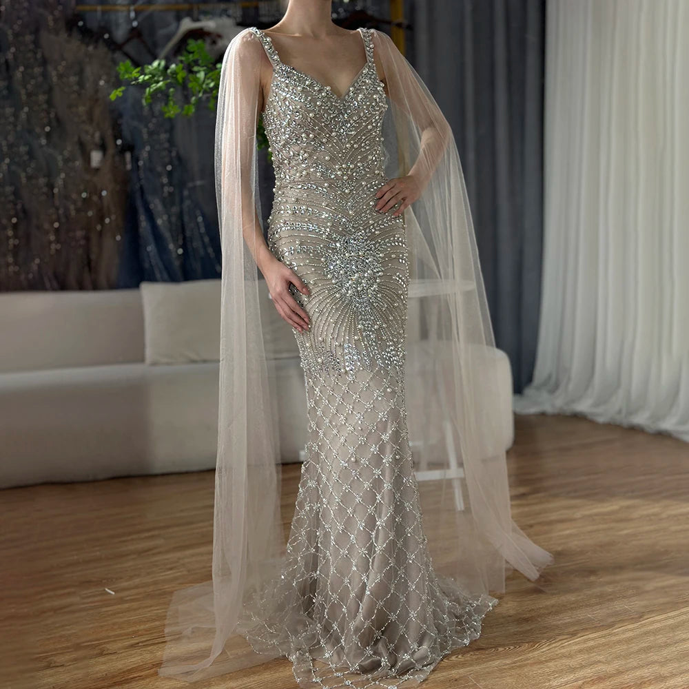 Deal Frenzy Serene Hill 2024 Arabic Nude Mermaid Cape Sleeve Beaded Luxury Saudi Evening Gown for Formal Occasion LA72748
