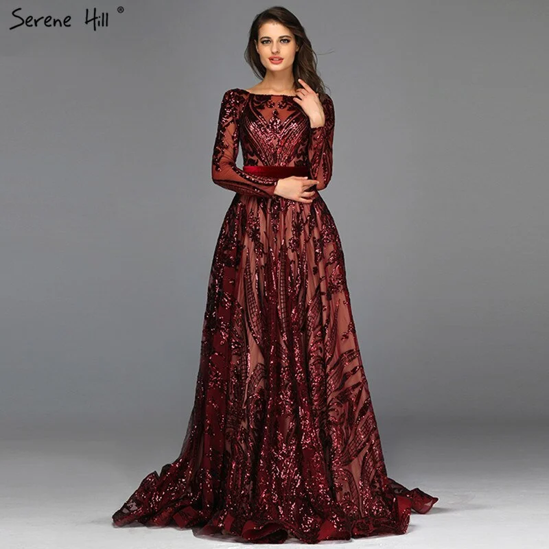 Price Drop Muslim Wine Red A-Line Luxury Wedding dress 2024 Vintage Long Sleeve Sequined  Evening Gowns  Plus Size  LA60799