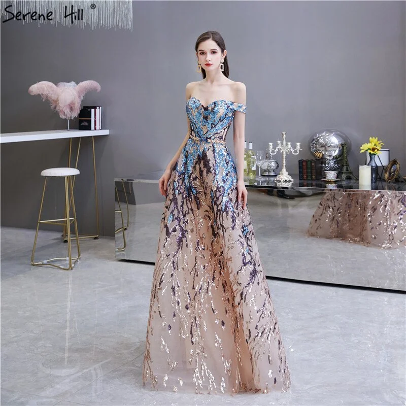 Today's Special Gold Blue Sequins Sleeveless Sexy Evening Dresses 2024 Off Shoulder Sparkle A-Line Formal Dress Serene Hill LA70373