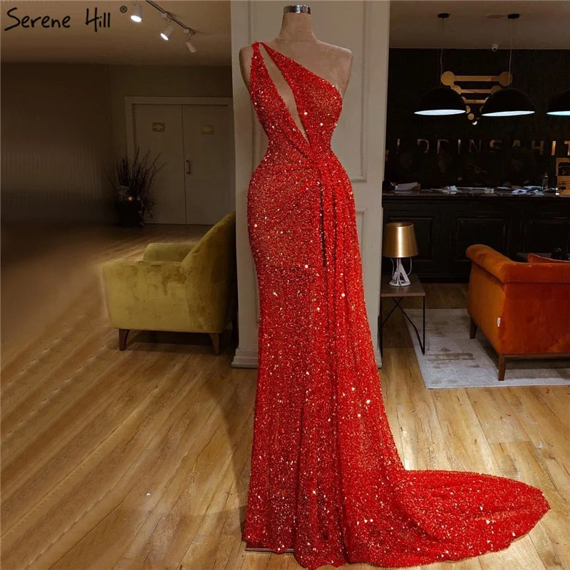 Savings Bonanza Dubai Red One Shoulder Sexy Evening Dresses 2024 Mermaid Beading Sequins Luxury Formal Dress Serene Hill LA70297