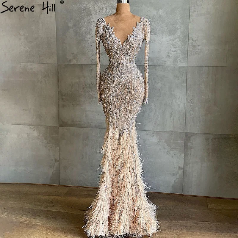 Closeout Sale Serene Hill Muslim Nude Meramid Luxury Evening Dresses Gowns Beaded Feathers Elegant 2024 For Women Party LA71093 Closeout Sale Serene Hill Muslim Nude Meramid Luxury Evening Dresses Gowns Beaded Feathers Elegant 2024 For Women Party LA71093