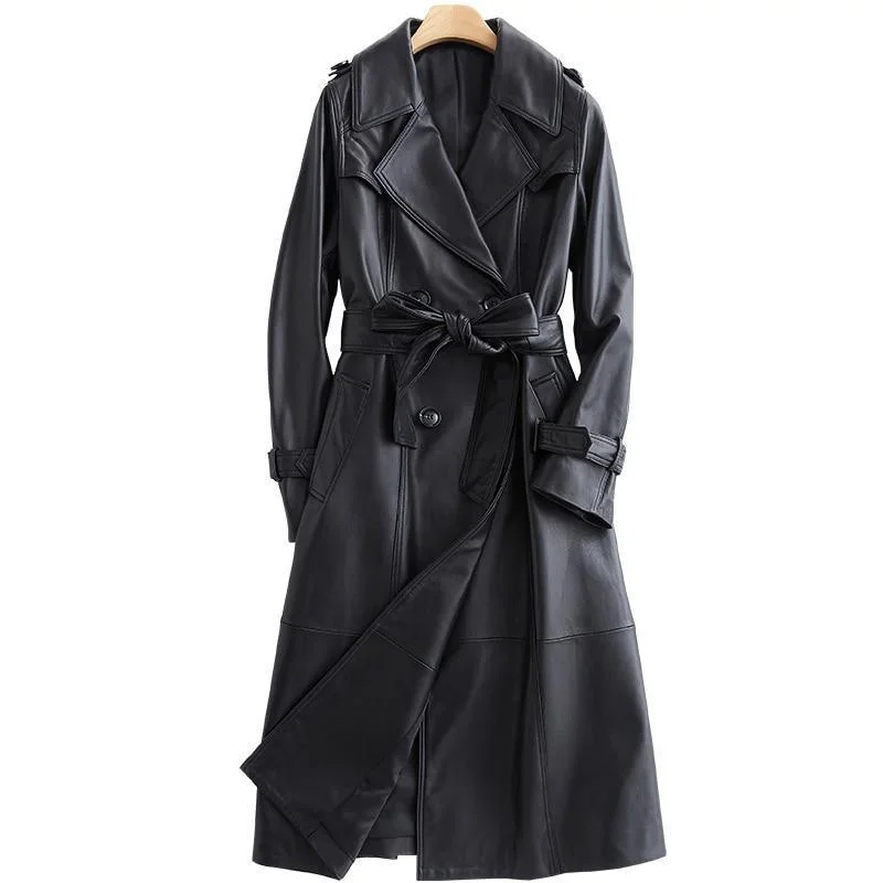 Online Only Black Lapel Leather Trench Coat For Women