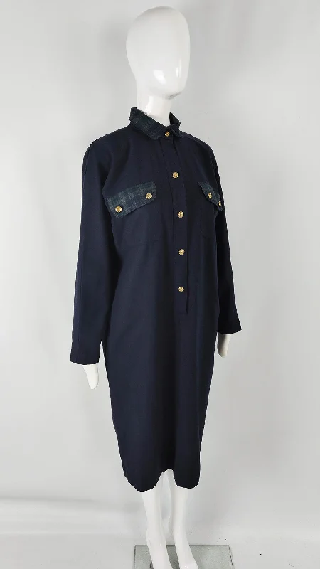 Can't Miss Luisa Spagnoli Vintage Navy Blue & Green Shirt Dress, 1980s