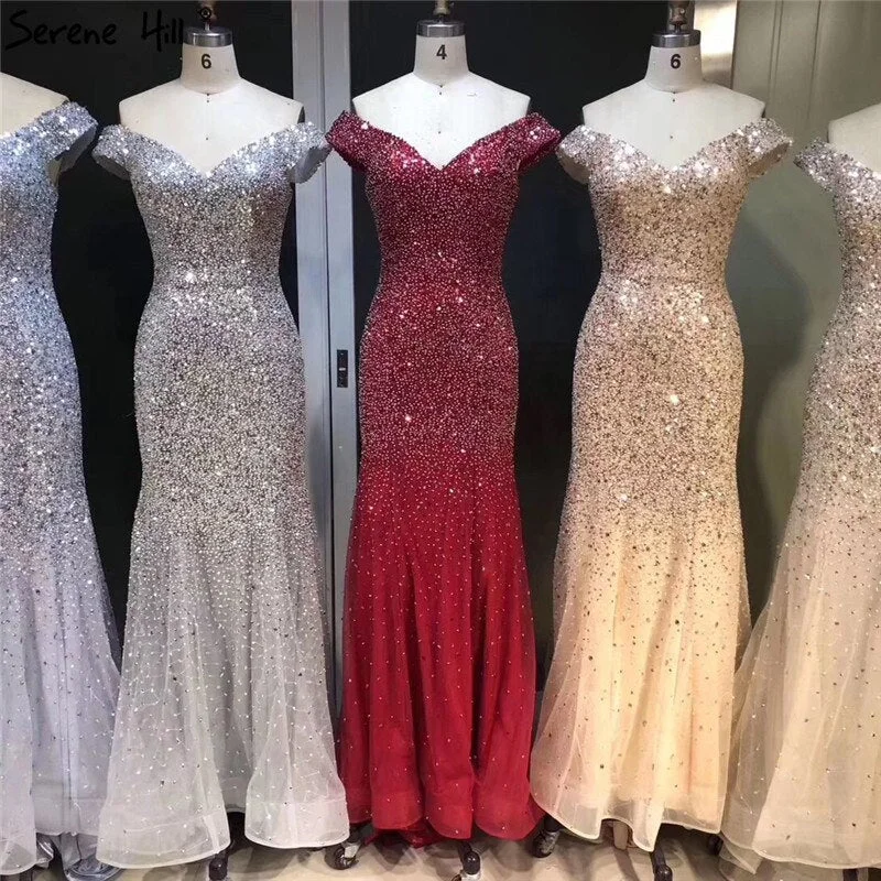 Last Chance Rose Gold Dubai Luxury Off Shoulder Evening Dresses Sequined Sexy Sparkle Mermaid Formal Dress 2024 Serene Hill LA6232