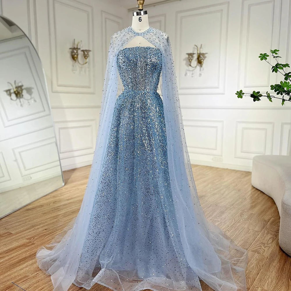 Overstock Serene Hill 2024 Arabic Blue Luxury Dubai Evening Gown A-Line Elegant Cape Sleeves Beaded Dress for Women's Party LA72659 Plush Size Overstock Serene Hill 2024 Arabic Blue Luxury Dubai Evening Gown A-Line Elegant Cape Sleeves Beaded Dress for Women's Party LA72659 Plush Size
