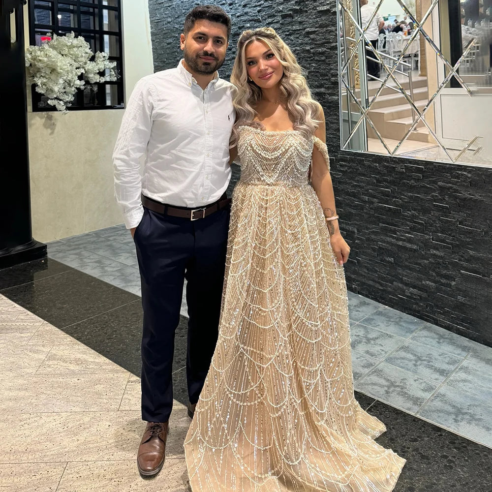 Price Smash Serene Hill 2024 Saudi Arabic Nude Pearls Beaded Design A-Line Evening Dresses Gowns for Formal Occasion LA72738