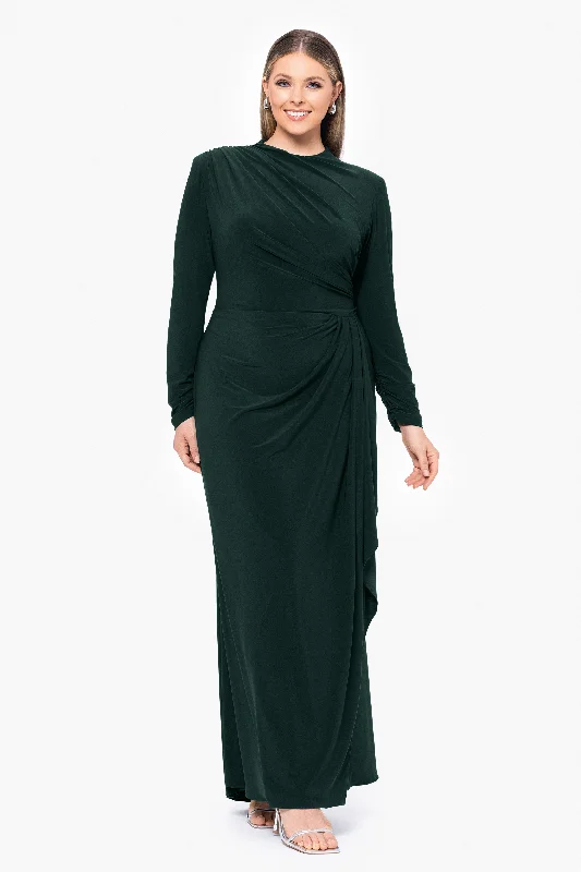Exclusive Online Offer Plus "Jeanette" Long Sleeve Stretch Knit Side Ruffle Dress