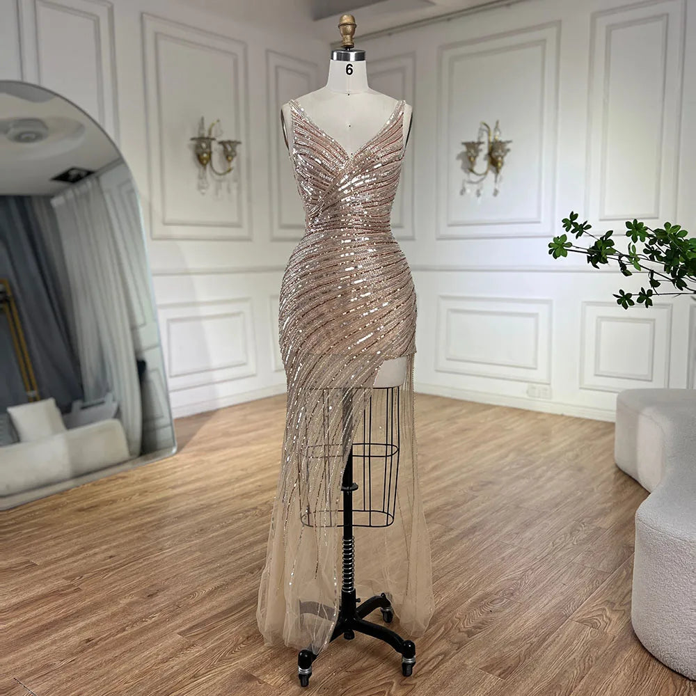 Can't Be Beat Serene Hill 2024 Gold Mermaid Spaghetti Strap Side Split Beaded Luxury Evening Dresses Gowns for Women Wedding Party LA72614