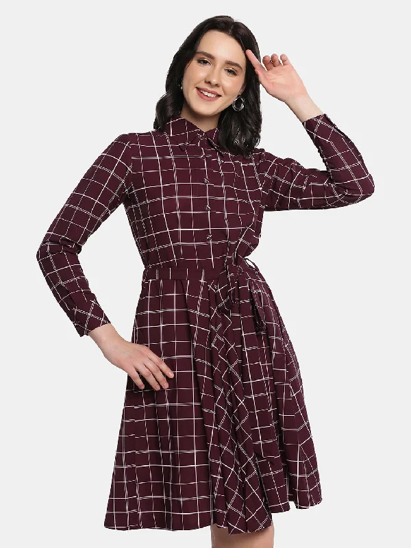 Price Drop Alert Poly Crepe Checkered Flare Shirt Dress - Maroon
