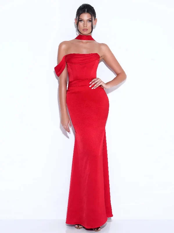 Fantastic Deals Ivona Red Halter Neck Double Duchess Satin Gown