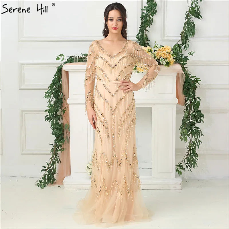 Price Cut Newest Designer Gold V-Neck Evening Dresses 2024 Mermaid Long Sleeves Tassel Beading Fashion Evening Gowns LA6631