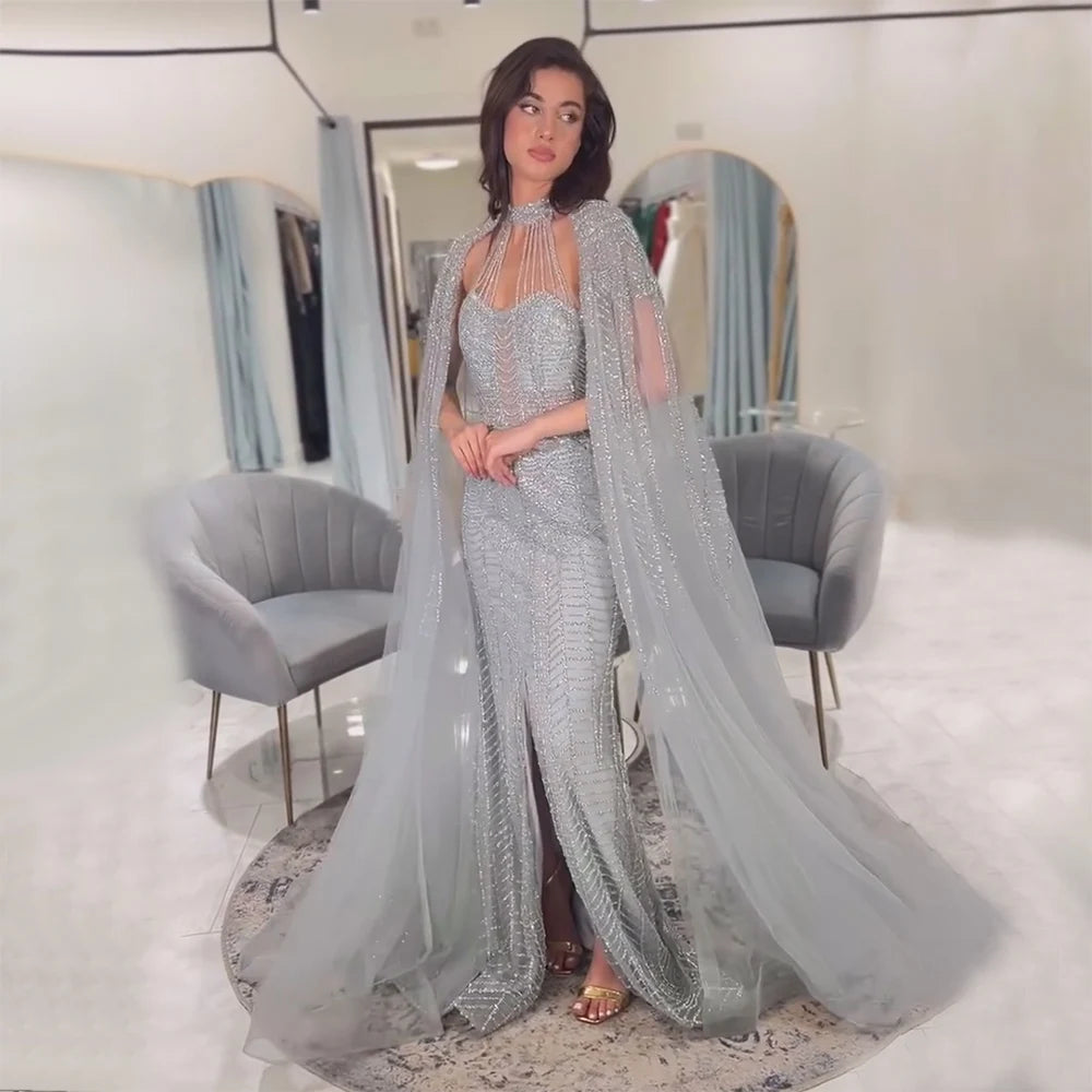 Deal Mania Serene Hill Arabic Mermaid Gray Elegant Cape Sleeves Luxury Beaded Evening Dress Gown For Women Wedding Party 2024 LA72247
