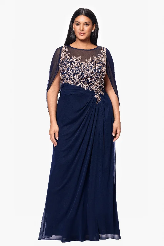 Act Now Plus "Willa" Long Sheer Matte Jersey Cape Back Dress With Applique