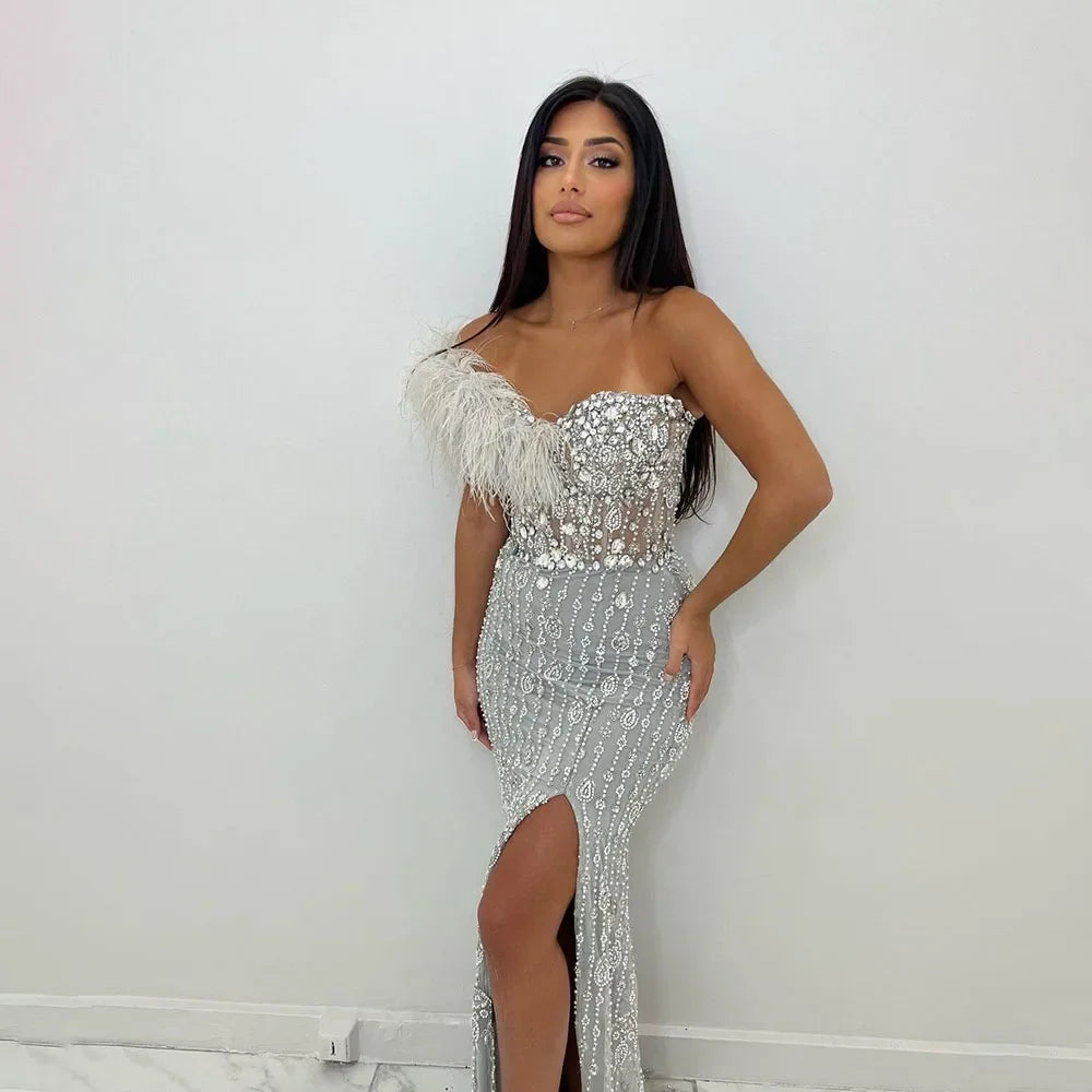 Exclusive Access Serene Hill Gray Mermaid One Shoulder High Split Beaded Feather Luxury Evening Dresses Gowns For Women Party 2024 LA72347 Exclusive Access Serene Hill Gray Mermaid One Shoulder High Split Beaded Feather Luxury Evening Dresses Gowns For Women Party 2024 LA72347