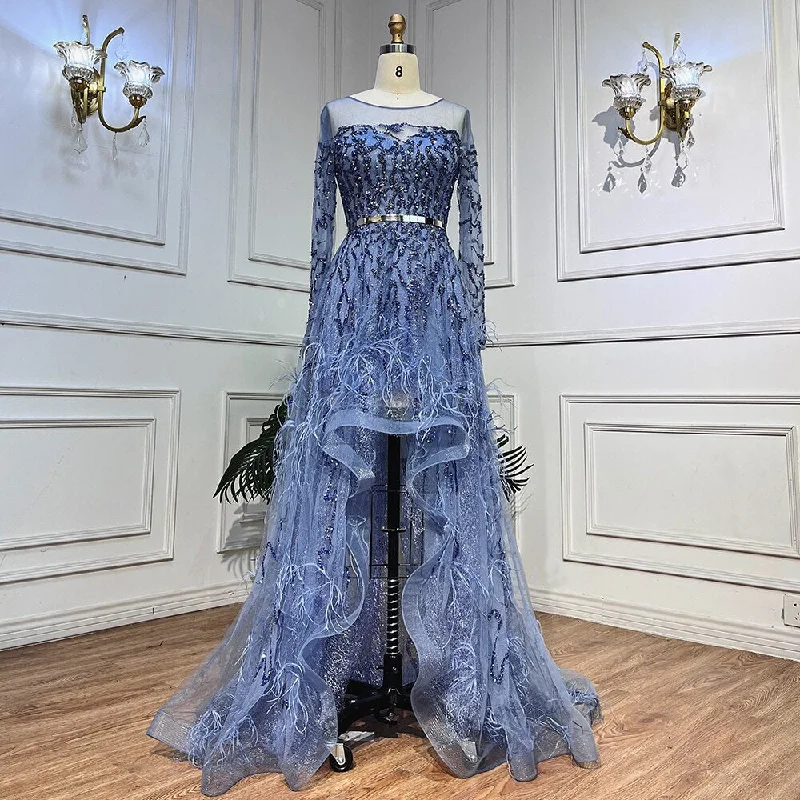 Massive Deals Serene Hill Blue Elegant A Line Lace Beaded Feathers Arabic Luxury Evening Dresses Gowns 2024 For Women Wedding Party LA71935A Massive Deals Serene Hill Blue Elegant A Line Lace Beaded Feathers Arabic Luxury Evening Dresses Gowns 2024 For Women Wedding Party LA71935A