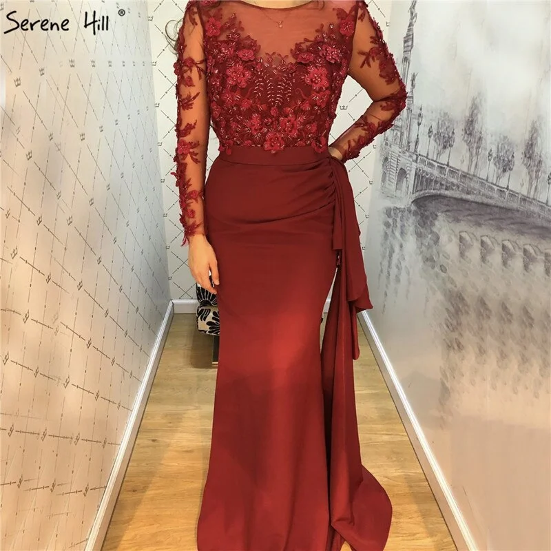 Can't Miss Wine Red O-Neck Satin Mermaid Prom Dresses 2024 Beading Handmade Flowers Long Sleeves Prom Gowns Serene Hill LA70244