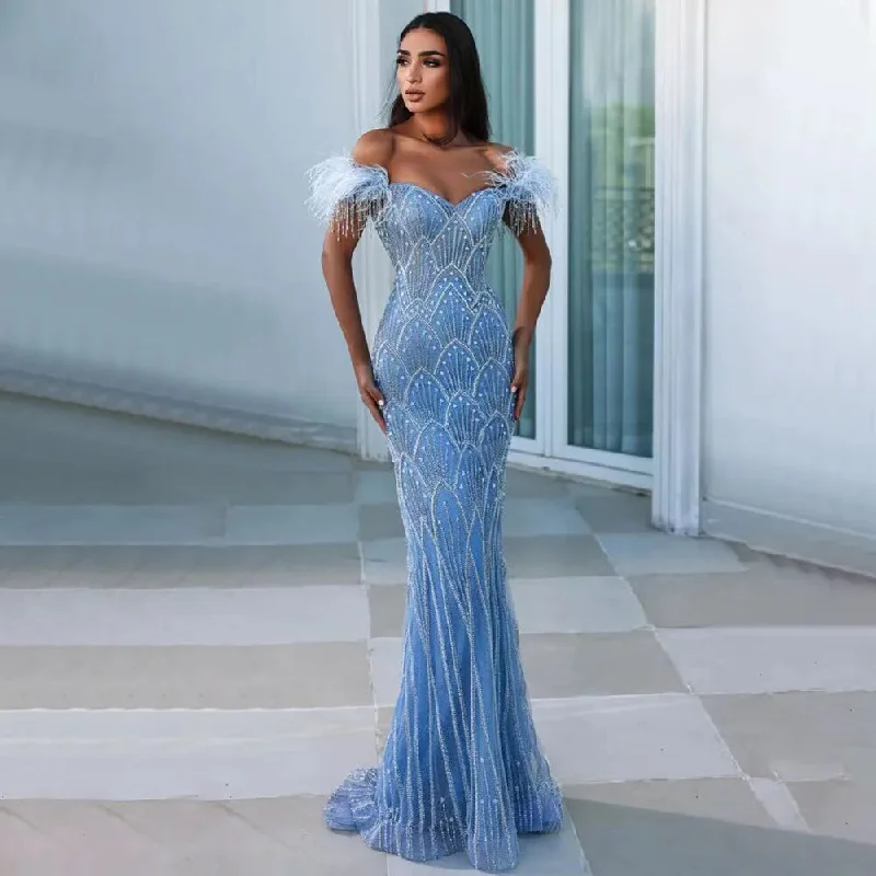 Can't Be Beat Serene Hill Blue Mermaid Elegant Off Shoulder Feather Beaded Evening Dresses Gowns Long 2024 For Women Party LA72028 Can't Be Beat Serene Hill Blue Mermaid Elegant Off Shoulder Feather Beaded Evening Dresses Gowns Long 2024 For Women Party LA72028