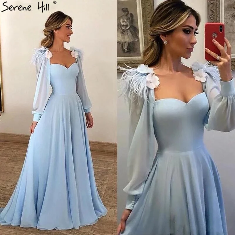 Big Discounts Serene Hill Muslim Blue Simple Evening Dresses Gowns 2024 Chiffon Ostrich Feather A-Line For Women Party HA2217