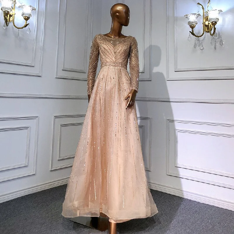 Lowest Price On Sale  no return no refund Serene Hill Gold Mermaid Elegant Long Sleeves O-Neck Evening Dresses Gowns Luxury Beaded 2024 For Woman Party LA71635