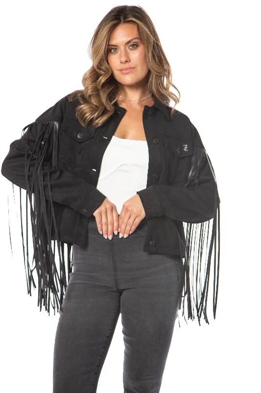 Best Deals Faux Leather Fringe Trucker Jacket