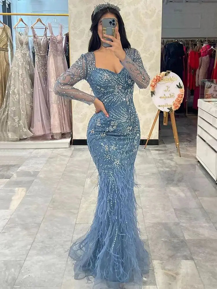 Act Now Serene Hill Arabic Blue Mermaid Elegant Feather Beaded Evening Dresses Gowns For Women Party 2024 LA71818 Act Now Serene Hill Arabic Blue Mermaid Elegant Feather Beaded Evening Dresses Gowns For Women Party 2024 LA71818