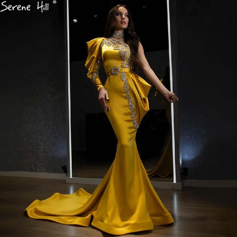Major Savings Serene Hill Gold Mermaid Beaded Evening Dresses Gowns 2024 One Shoulder Elegant Satin For Women Party LA71424