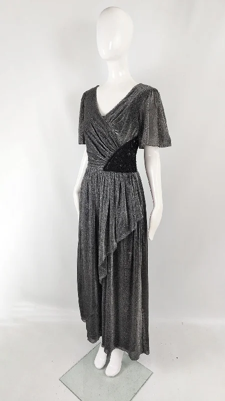 Shop and Save John Charles Vintage 70s Silver Lurex & Black Lace Evening Dress, 1970s
