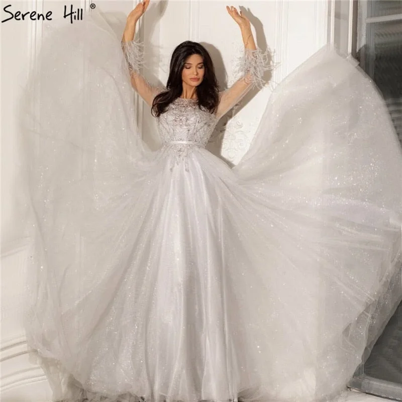 Act Fast Grey A-Line Beading Feathers Design Evening Dresses 2024 Dubai Long Sleeves Luxury Formal Dress Serene Hill LA70472 Act Fast Grey A-Line Beading Feathers Design Evening Dresses 2024 Dubai Long Sleeves Luxury Formal Dress Serene Hill LA70472
