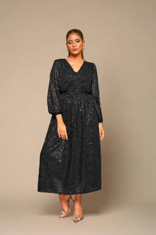 Today’s Deal Rich Black Sequin Cocktail Dress | V-Neck Flared Elegance