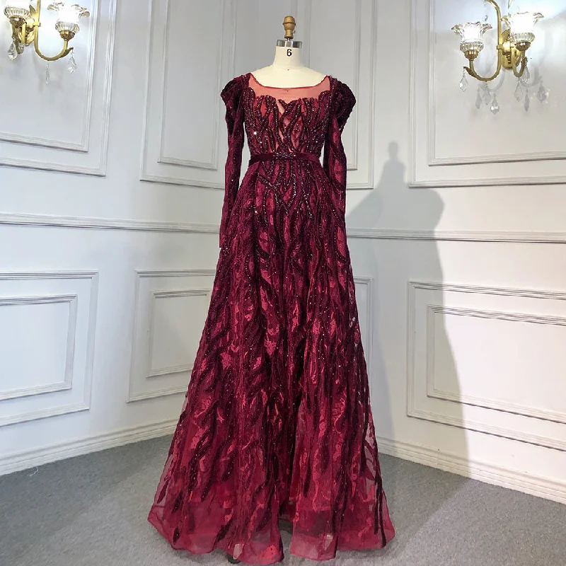 Inventory Reduction Serene Hill Wine Red Mermaid Elegant Evening Velvet Muslim Dresses Long Sleeves 2024 Beaded Luxury For Women Party LA71637
