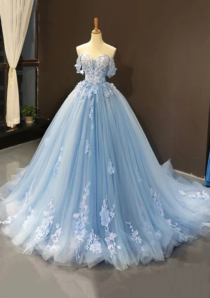 Massive Deals Serene Hill 2024 Arabic Blue Ball Gown Off-the-Shoulder Tulle Prom Dress with Appliqués for Women's Party LA72679 Massive Deals Serene Hill 2024 Arabic Blue Ball Gown Off-the-Shoulder Tulle Prom Dress with Appliqués for Women's Party LA72679