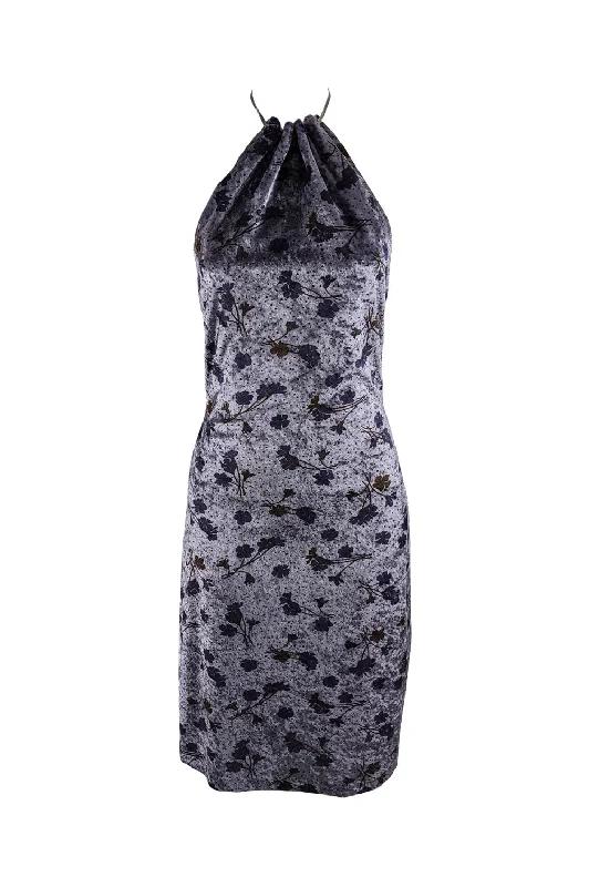 Price Break Vintage Floral Velvet Backless Halter Dress, 2000s