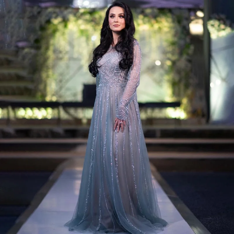 Seasonal Clearance Serene Hill Luxury Turquoise Nude A-Line Evening Dresses Gowns Long Sleeves Beaded Elegant 2024 For Women Party LA71659 Seasonal Clearance Serene Hill Luxury Turquoise Nude A-Line Evening Dresses Gowns Long Sleeves Beaded Elegant 2024 For Women Party LA71659