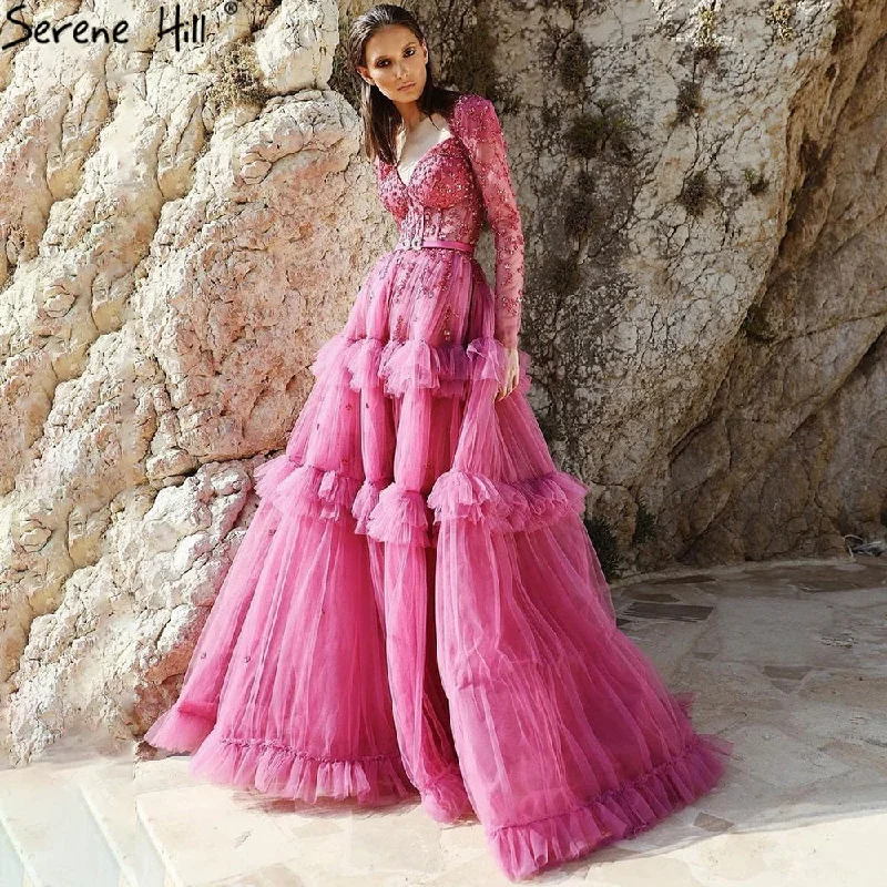 Can't Be Beat Serene Hill Muslim Fuschia Luxury Evening Dresses Gowns 2024 A-Line Beaded Tiered For Women Party LA70986