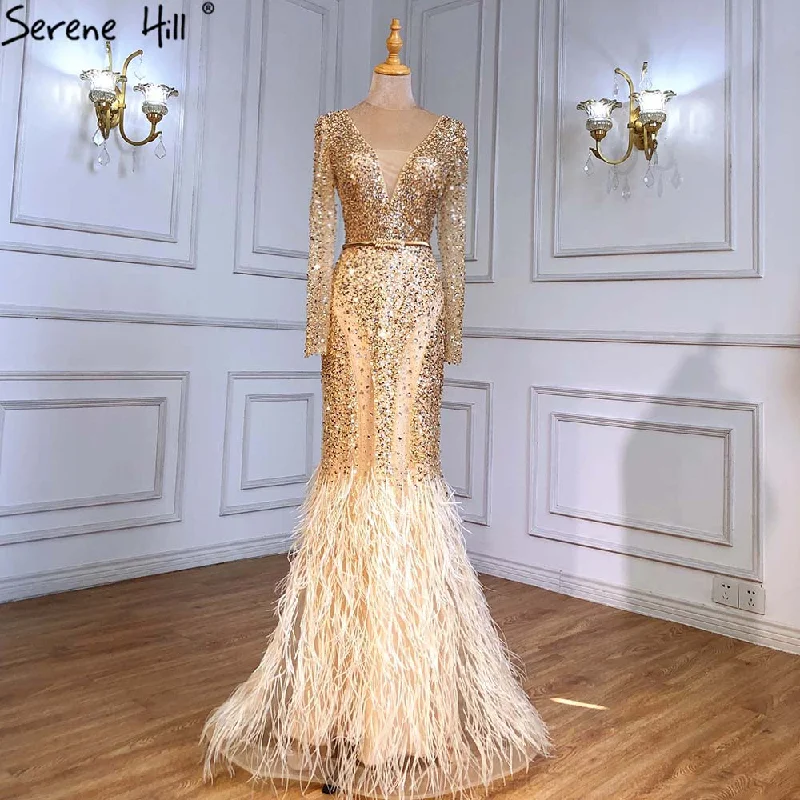 Bargain Prices Serene Hill Muslim Gold Mermaid Evening Dresses Gowns 2024 Luxury Elegant Beaded Feathers For Women Party LA71475