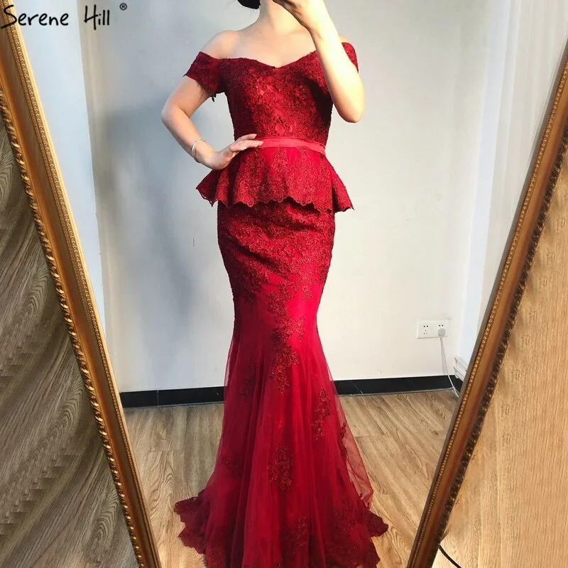 Act Fast Wine Red Mermaid Crystal Sexy Evening Dresses 2024 Sleeveless Fake Two Pieces Long Evening Gowns Serene Hill LA70315
