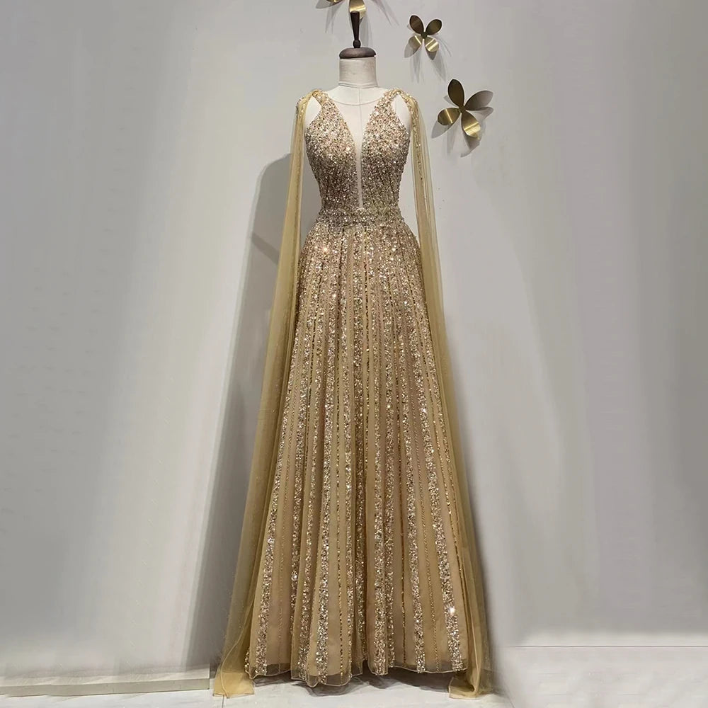 Act Fast Serene Hill Arabic Gold A Line Cape Sleeves Beaded Luxury Dubai Long Evening Dresses Gowns 2024 For Women Wedding Party LA71941
