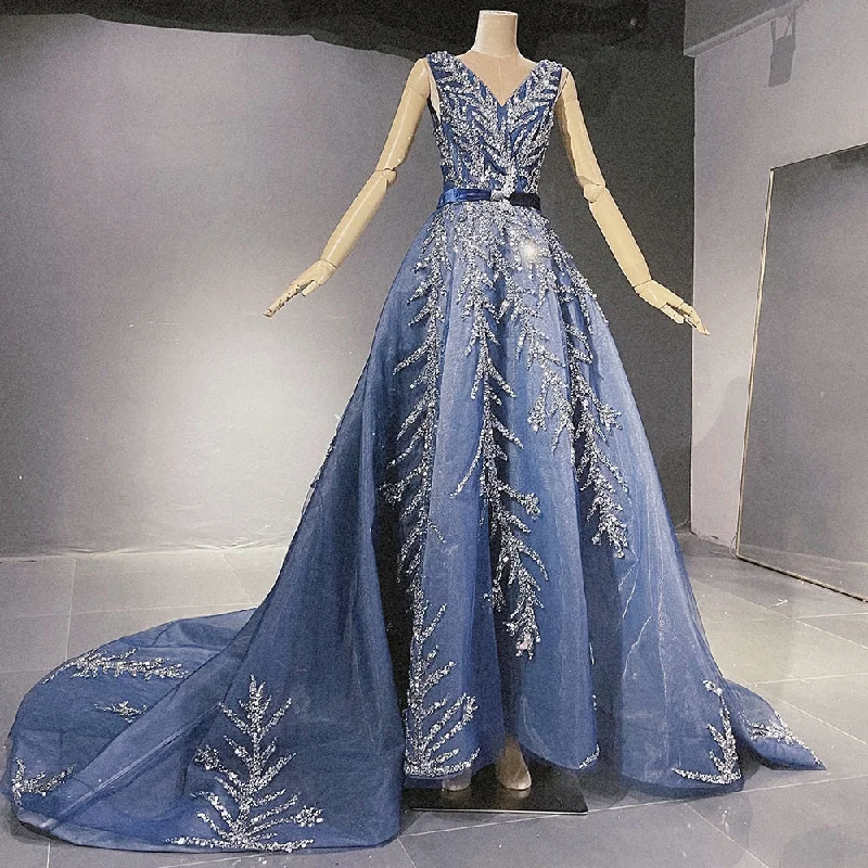 Hurry In Serene Hill Blue Beaded Bling Evening Dresses Gowns 2024 V-Neck Sexy Luxury A-Line For Women Party LA71508