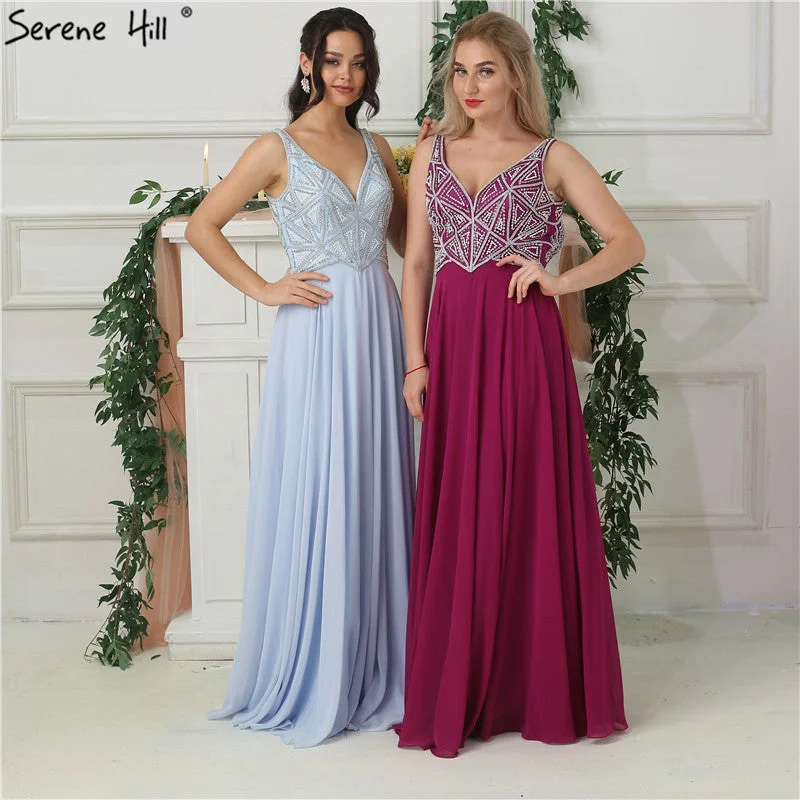 Today’s Deal On Sale no return no refundSale Sky Blue Chiffon Sleeveless Prom Dresses Beading Pearls V-Neck Beach Evening Gowns LA6697