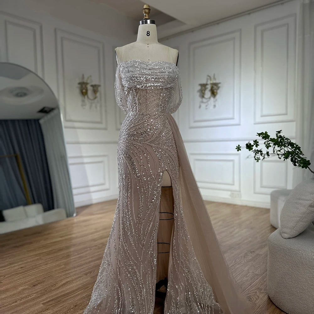 Limited Quantity Serene Hill 2025 Customized Arabic Nude Beaded High Split Mermaid Evening Dresses Gowns For Women Wedding Party LA72266B