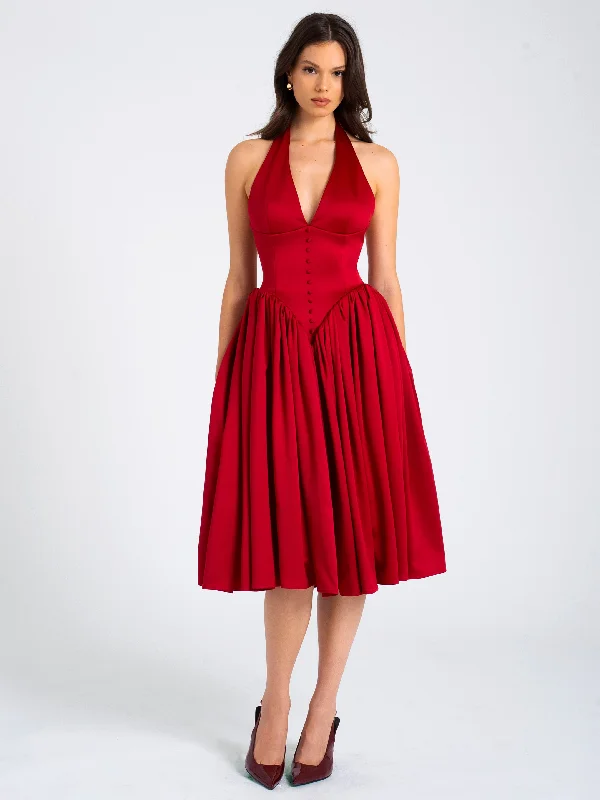 Savings Spectacular Cara Red Plunging Halter Backless Maxi Dress