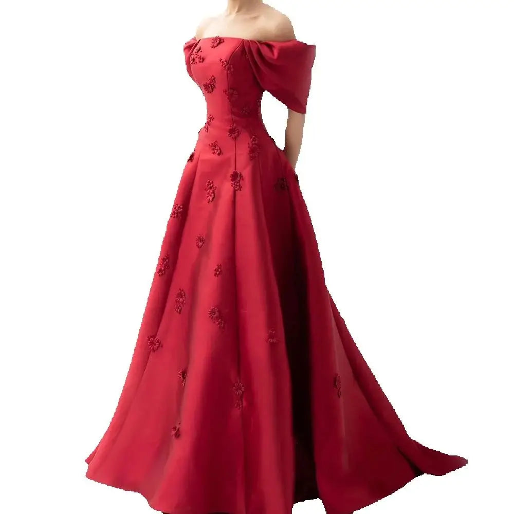 Bargain Prices Serene Hill 2024 Saudi Arabia Elegant Off-Shoulder Wine Red A Line Evening Dress with Appliques Gown for Formal Occasion LA72778