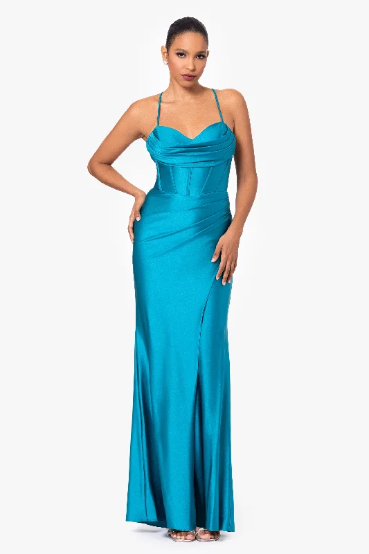 Savings Spectacular "Talia" Long Sateen Corset Lace Up Back Dress