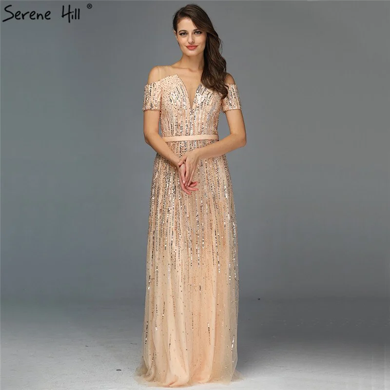 Early Bird Discount Sale Gold Luxury Sexy V-Neck Evening Dressese 2024 Short Sleeve Beading Sequined A-Line Evening Gowns Serene Hill LA70151