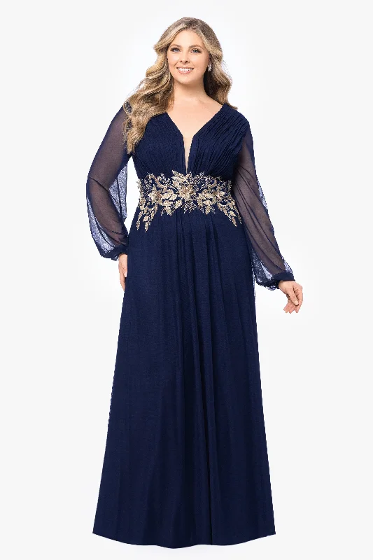 Weekend Deal Plus "Rebecca" Long Sleeve Embroidered Mesh Gown